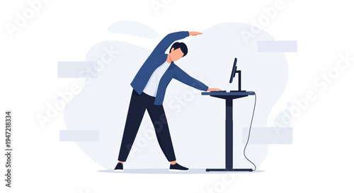 Man doing side stretch at standing desk with computer, healthy work concept