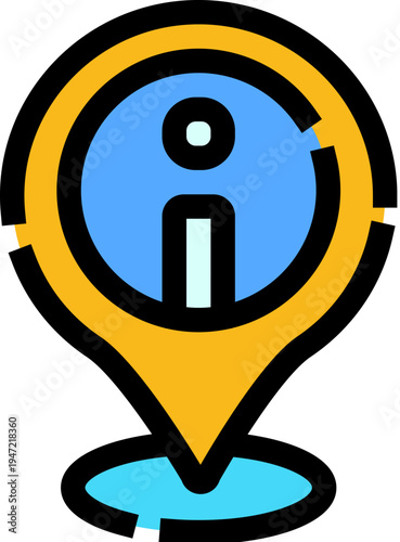 Information marker icon pointing to a specific location provides assistance and guidance for finding important places or getting help for various needs