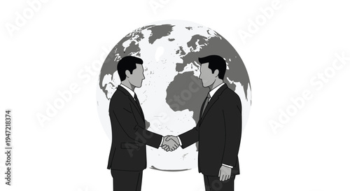 Two businessmen in suits shaking hands in front of a global map of Earth, symbolizing international trade and partnership.