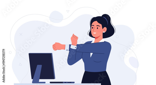Businesswoman stretching at office desk with computer, promoting wellness and break time.