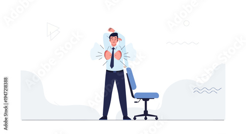 Man in suit stretching arms in office with chair, healthy lifestyle concept