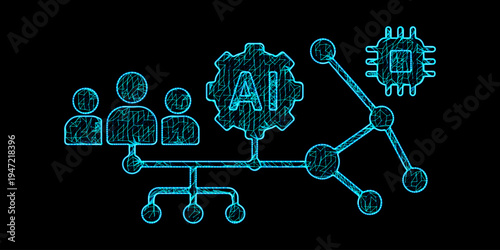 Artificial intelligence team management with digital workforce automation and smart processor chip background