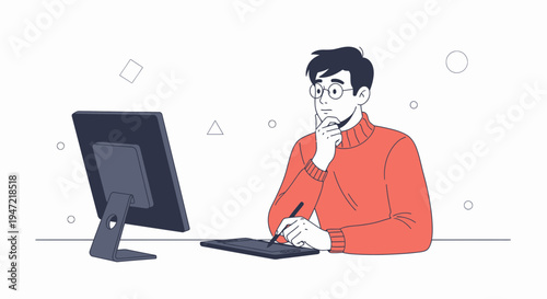 Thoughtful designer working on computer with graphics tablet, creative process illustration