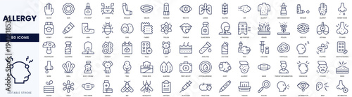 Set of 80 allergy-related icons in a minimalist line art style, ideal for health and wellness designs.