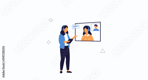 Woman in video call with headset, holding tablet, online communication concept