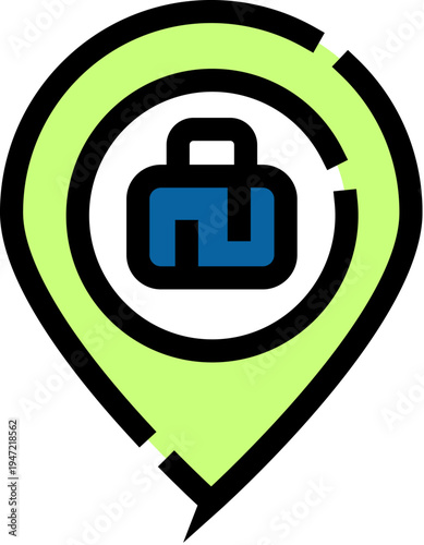 Business location pin featuring a briefcase icon, visualizing concepts of office destination, work travel, company headquarters, and professional services mapping for corporate navigation
