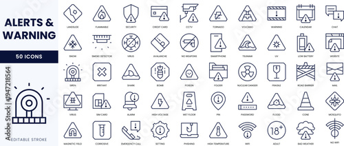 A collection of 50 line icons illustrating various alerts and warnings.