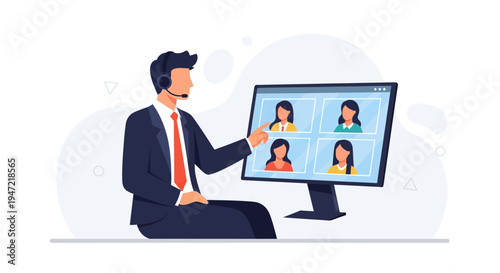 Businessman in Video Conference Call with Colleagues, Online Meeting and Remote Work Concept