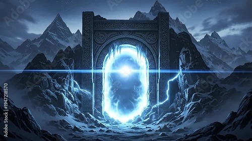 Mystical portal in the mountains with glowing blue light.