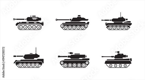Military tank silhouette icon set armored combat vehicle symbols isolated on white background