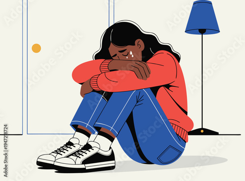 Illustration of Sad Woman Crying Alone in Room