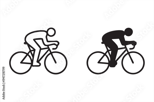 Cyclist in racing pose, outline and filled silhouette icons, cycling sport