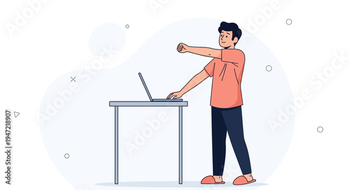 Man stretching arms at desk with laptop, healthy work break, office ergonomics