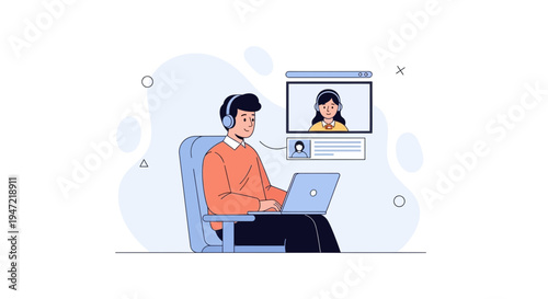 Man with headphones on video call with woman, working on laptop