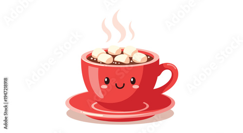 Charming red cup of hot chocolate with fluffy white marshmallows and steam rising from the surface in flat design.