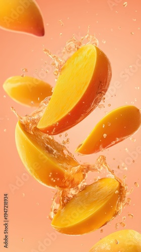 Slices of Fresh Ripe Mango Splashing in Juice