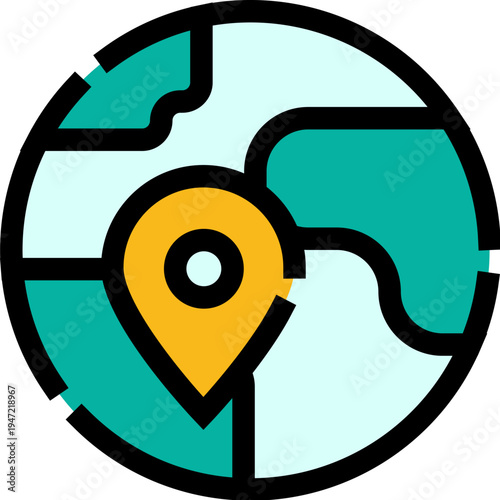 Global map displaying a vibrant location pin, symbolizing navigation, destination finding, and worldwide addressing for international business, travel, and digital mapping services