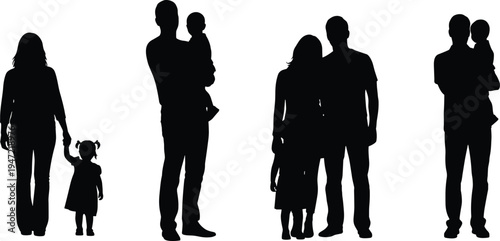 Family silhouette illustration set, parent child artwork, adult baby vector drawing, family relationship design concept