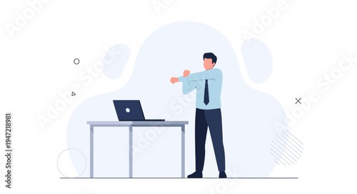 Businessman stretching arms at office desk with laptop, healthy work lifestyle concept