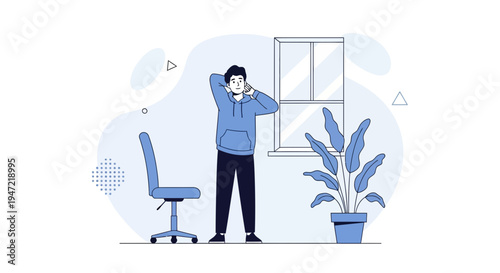 Young man in hoodie stretching in a minimalist room with a chair and plant