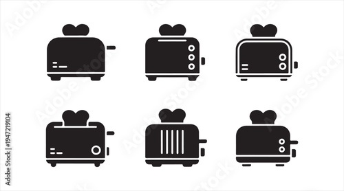 Bread toaster icon pack black silhouette kitchen appliance symbols for household cooking and breakfast design