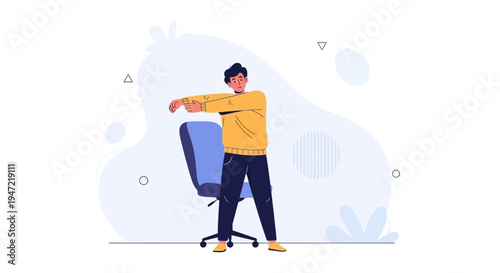 Man stretching arms in office, healthy lifestyle, break from work, flat illustration