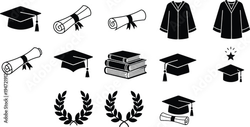 Graduation icons and symbols for academic achievements and celebrations