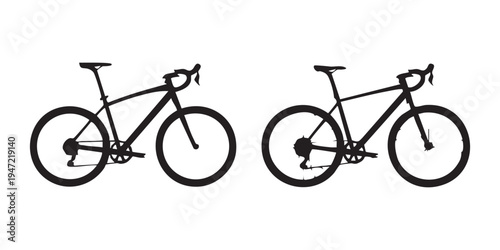 Set of isolated vector black silhouette road bicycle on white background. two different bikes