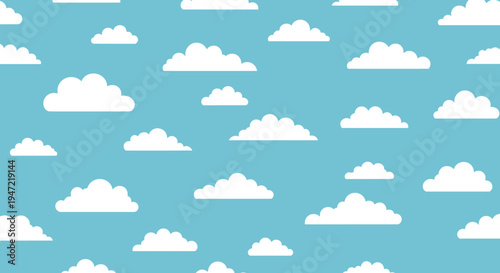Seamless repeating pattern featuring various sizes of fluffy white clouds set against a bright blue sky background.