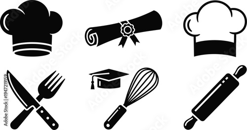 Culinary graduation icons chef hats diploma and kitchen tools