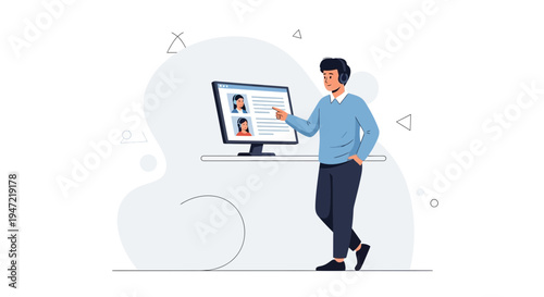 Man with headset points at computer screen with video call participants, online meeting concept