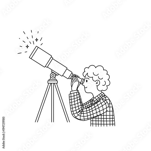 Girl Observing Stars with Telescope Minimalist Line Art Illustration

