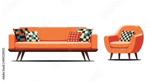 Stylish mid-century modern orange sofa and armchair set with colorful checkered throw pillows for interior home decor.