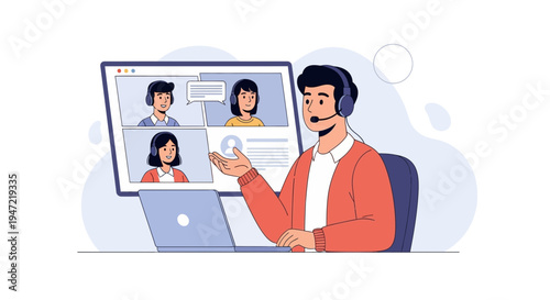 Online Meeting: Man with Headset Joins Video Conference with Colleagues