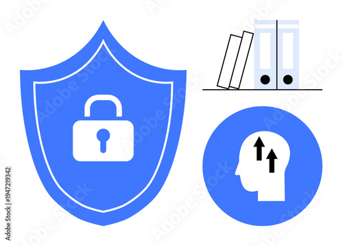 Data security concept. Data security with a shield and lock protection. Data security ties to knowledge, ed by folders and growth, in the human head. For cybersecurity, education, privacy protection
