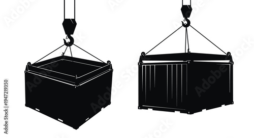 Silhouette of heavy industrial shipping containers being hoisted by crane hooks for global logistics and cargo transport.