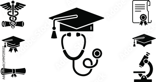Medical graduation icons featuring stethoscope and academic cap