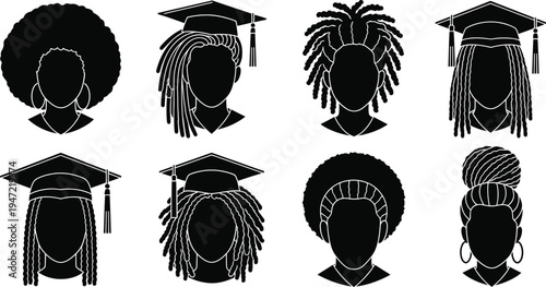 Graduation cap and diverse hair styles silhouettes for academic achievements