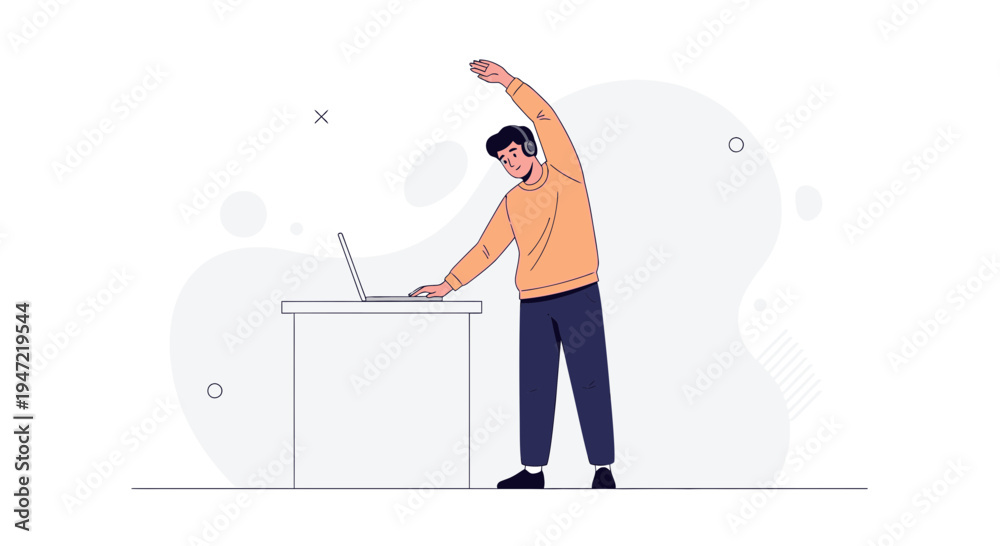 Fototapeta premium Man doing stretching exercises while listening to music on laptop, remote work