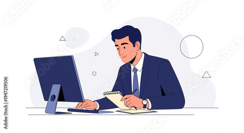 Businessman working on computer and taking notes, modern office illustration