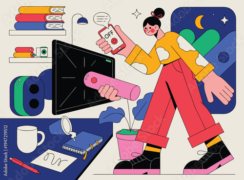 Illustration of Woman Turning Off TV with Remote at Night