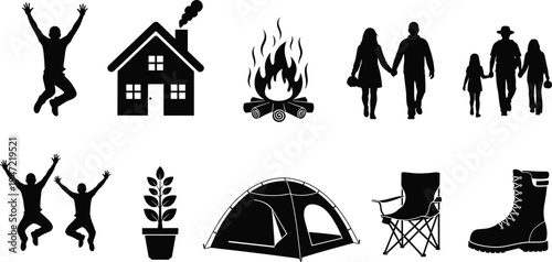 Outdoor lifestyle silhouette illustration set, camping hiking family home nature artwork, recreation vector drawing concept