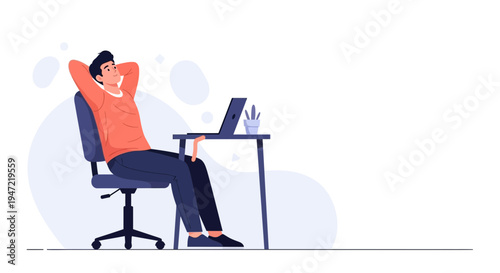 Man relaxing in office chair at desk with laptop, successful work break, remote work comfort