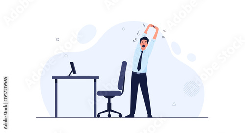 Man stretching at office desk, yawning, tired businessman, office work, stretching, yawning