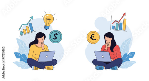 Two young women sitting cross-legged and working on laptops with various financial and creative icons in the background.