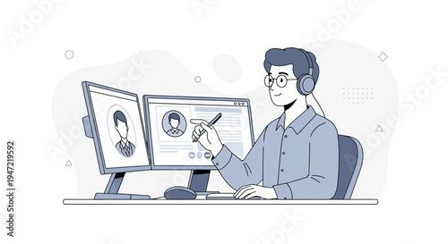 Man with headphones working on dual monitors with profile icons, remote work illustration