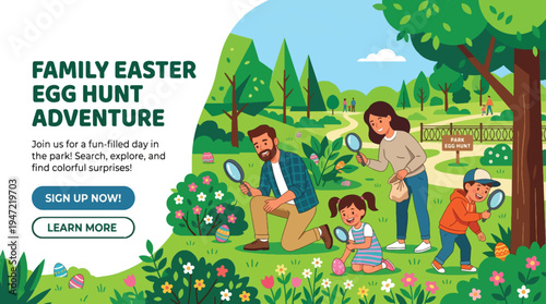 Family Easter Egg Hunt Adventure in Park Vector Illustration with People Searching for Eggs, Featuring Green Landscape, Trees, and Floral Elements for Spring Holiday Marketing and Websites
