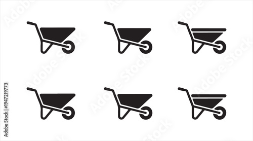 Minimal wheelbarrow pictogram set manual garden cart icons for construction, agriculture and landscaping design