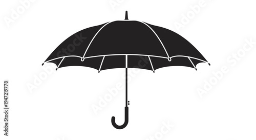 Simple black silhouette of an open umbrella with a curved handle designed for weather protection and rain themes.