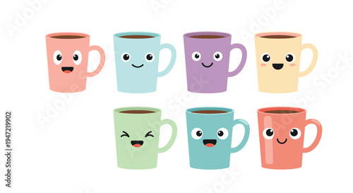 Set of seven colorful ceramic mugs featuring various cute and happy facial expressions with steaming coffee or tea.